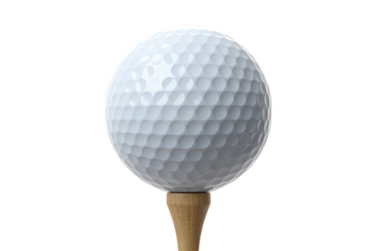 Close up of a white golf ball resting on a wooden tee isolated on transparent background