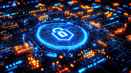 A digital circuit board with glowing blue and orange lights. A prominent blue padlock symbol is at the center, representing cybersecurity and data protection.