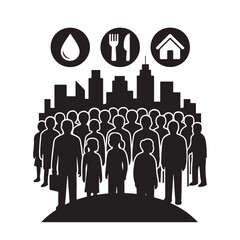 Urban Population Silhouette with Basic Human Needs Icons Water Food Shelter