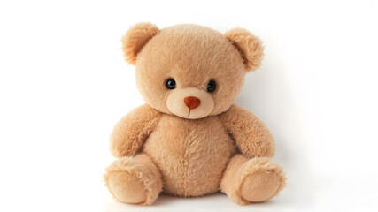 Obraz premium Beige teddy bear in soft lighting on a white background, representing warmth and childhood memories.