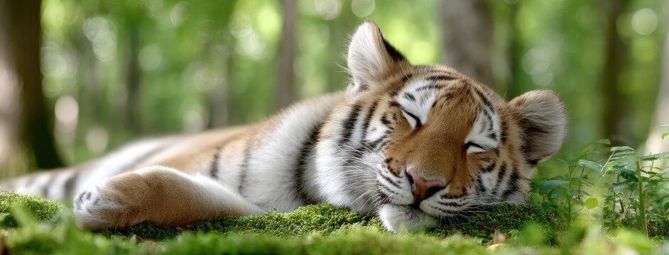 A lively tiger cub relaxes on grass, eyes gently closed, basking in natural light in a serene outdoor environment
