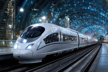 Fototapeta premium High-speed train arriving at a modern city station under a starry night sky