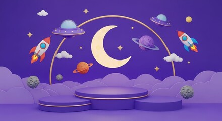 Naklejka premium 3d kid background. Galaxy space podium, rocket planet and toy spaceship as star children products promo presentation, birthday room. Cute cartoon childish banner backdrop. Vector showcase.