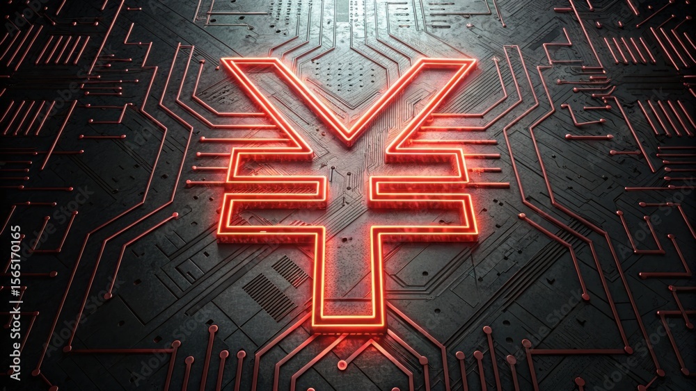 Poster Glowing Circuit Lines Forming Yuan Symbol on Technology Background