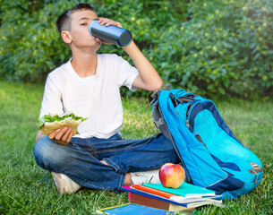 School boy resting after school, sitting eating and drinking on the grass in the park. Caucasian child has sandwiches, apple and water. Healthy school breakfast for kid.