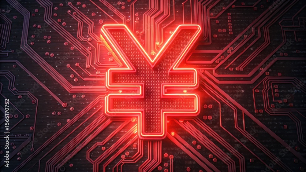 Poster neon yuan sign with circuit background perfect for tech and finance themes
