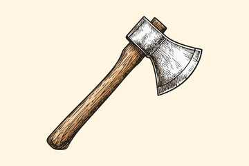 Hand-Drawn Wooden Axe Sketch in Vintage Engraving Style