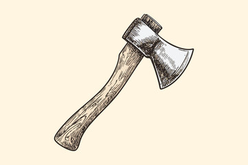 Detailed Hand-Drawn Wooden Axe Illustration with Vintage Sketch Style