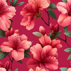 Obraz premium Vibrant Azalea Blossom: A captivating, seamless repeat pattern showcases vivid azalea blooms against a rich magenta backdrop, perfect for textiles, wallpaper, and design projects.