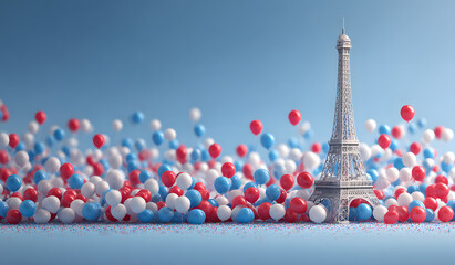 Happy Bastille Day decoration background with eiffel tower balloon confetti copy space text, 3D rendering illustration