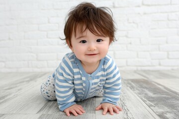Fototapeta premium At home on the floor, an Asian baby boy is crawling while smiling, set against a white background