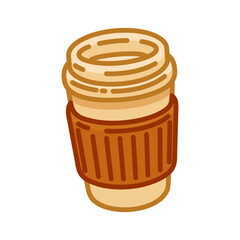 Takeaway Coffee Cup Icon. Flat style illustration of brown disposable coffee cup with lid and sleeve on clean background.