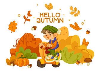 Autumn Kid Riding Scooter Illustration. Cute child in autumn clothes riding orange scooter surrounded by fall leaves, pumpkin, acorns and mushrooms, colorful flat cartoon style.