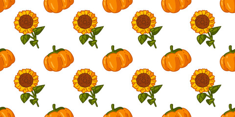 Seamless Pumpkin Sunflower Pattern. Seamless pattern with cartoon pumpkins and sunflowers in warm autumn colors. Flat style illustration on white background.