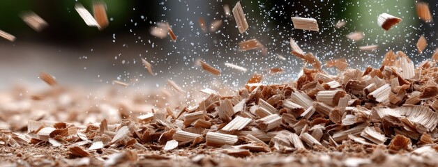 Wood chips are flying through the air as a saw processes wood, creating a flurry of shavings in a busy carpentry workshop