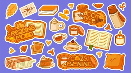 Cozy Autumn Reading Sticker Set. Cartoon sticker set with books, candles, food, pillow, leaves, and cozy autumn lettering. Flat style illustration in warm colors on white background.
