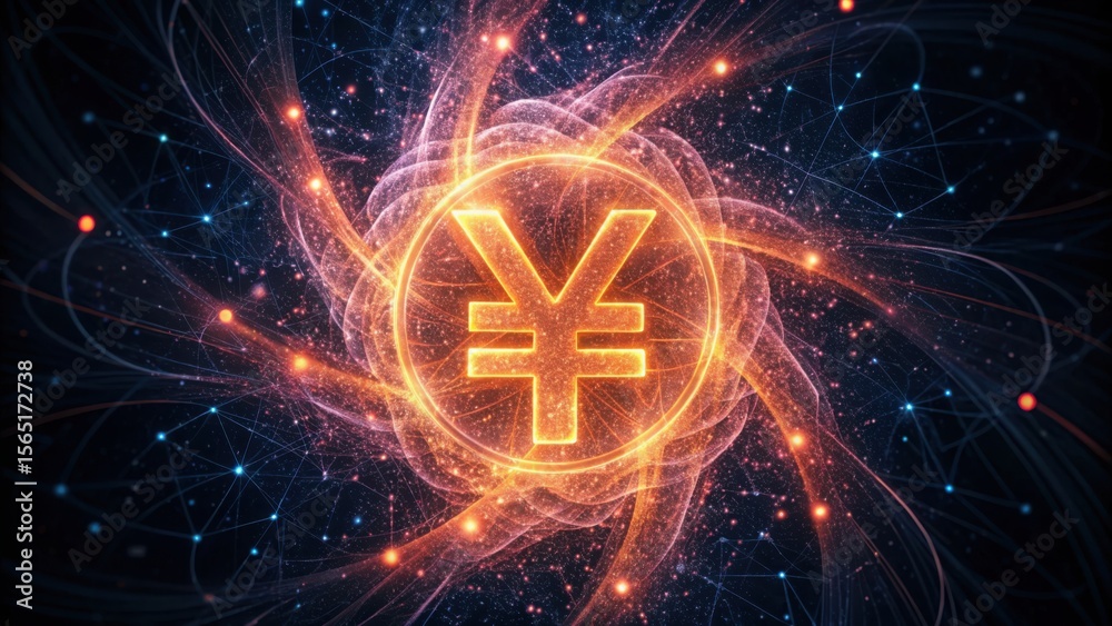 Poster glowing yuan symbol on black background with abstract digital effects