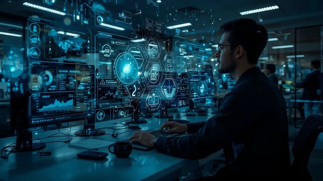 business people in front of a virtual screen