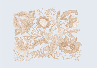 Fantasy flowers and dragonflies in retro, vintage, jacobean style. Clip art, set of elements for design Vector illustration.