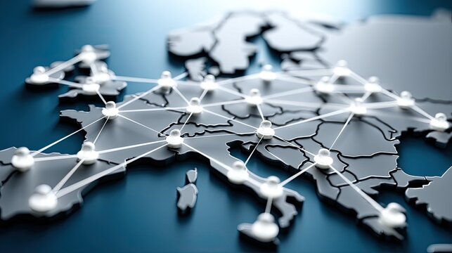 Map highlights connections across Europe, emphasizing digital networking and collaboration in the European Union on a dark blue background - Powered by Adobe