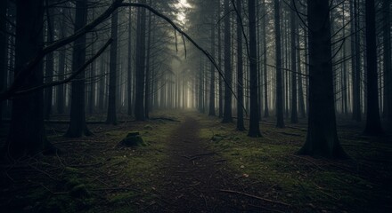 Fototapeta premium Mysterious Forest Path - A dark, atmospheric path winds through a dense forest, shrouded in mist. Sunlight filters through the trees, creating a mystical ambiance