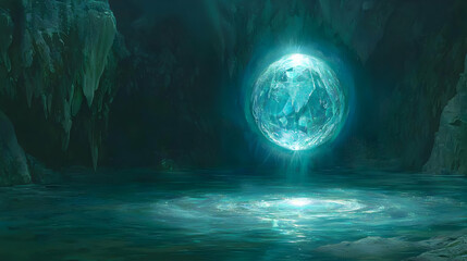 Fototapeta premium A luminous, teal sphere floats over a pool of water in a dark cave. Iridescent light emanates from the sphere. Cave walls are craggy and moss-covered