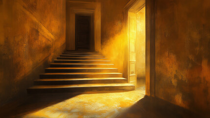Fototapeta premium Cellar stairs, staircase bathed in a warm, golden dramatic light silhouette. 
