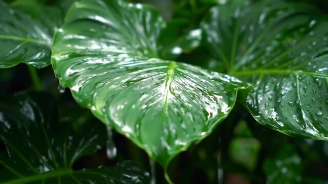 Close up of a large green leaf with water droplets in a garden setting with natural lighting