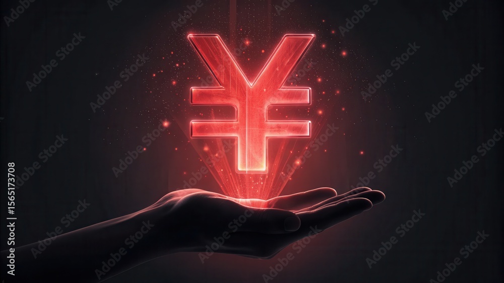 Poster red holographic yuan symbol floating above hand in dark background