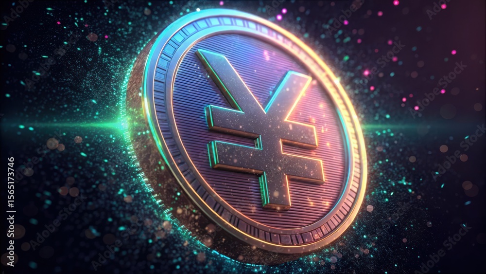 Poster glitchy particle art of digital yuan coin with vibrant effects