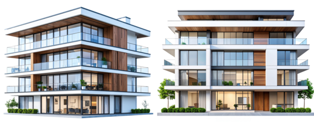 Modern Multi-Story Apartment Building with Glass Facade and Wooden Balcony Accents Isolated on Transparent Background PNG