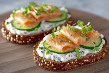 The concept of healthy eating is represented by salmon toast topped with a micro-green, set against a wooden background and accompanied by an assortment of bruschetta