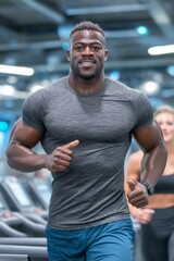 Fototapeta premium A group of young individuals are jogging on treadmills in a fitness gym