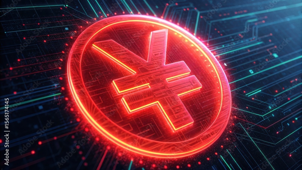 Poster glowing red yuan icon with digital glitch and futuristic background