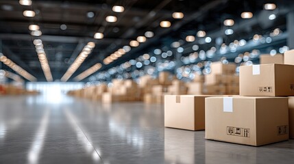 Cartons and brown paper bags are neatly arranged in a logistics warehouse, demonstrating an organized storage system for goods