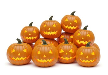 Fototapeta premium Stack of Jack O'Lantern Pumpkins - A group of carved pumpkins with glowing faces, symbolizing autumn, Halloween, harvest, celebration, and spooky fun