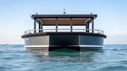 Side profile of the floating structure highlighting its buoyant design and stability features set against a backdrop of gentle waves..