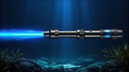 The powerful discharge of an underwater plasma ter with a vivid blue flame illuminating a dark marine backdrop highlighting the force and precision of the tool..