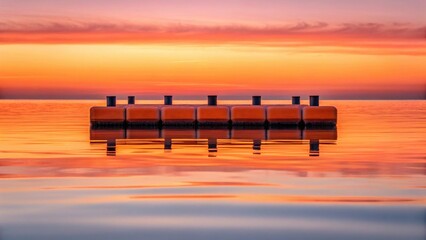 The reflection of a floating breakwater on the waters surface during sunset capturing the serene interplay of light and color between the structures and the ocean..