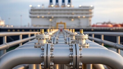 A closeup focus on the complex piping and valve systems on the side of a floating LNG terminal highlighting the intricate engineering required for gas transfer and safety..