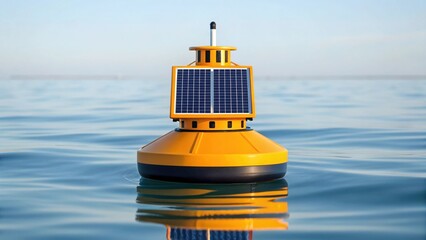 A closeup of a buoy equipped with solar panels and sensors floating on calm waters as waves gently lap against it highlighting its role in realtime data collection..