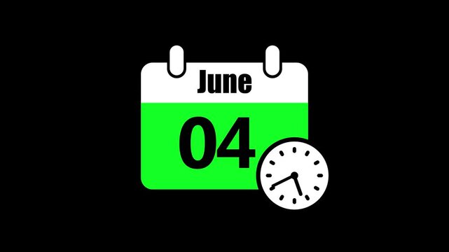 04 june month calendar with time symbol. Simple calendar icon animation and date change of time month.