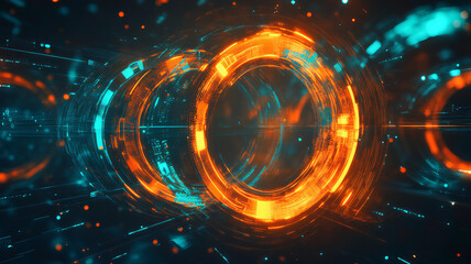 Obraz premium Abstract technological futuristic concept with glowing, ring like structures in shades of orange and blue, dynamic energy portal, digital data flow, and artificial intelligence. 
