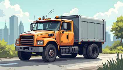 Orange Delivery Truck Driving on Road with Cityscape in Background