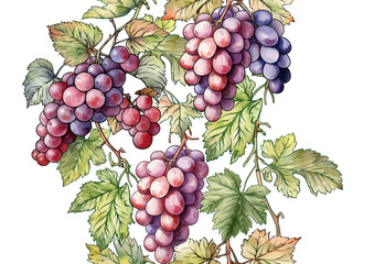 Seamless vector pattern with ripe grape bunches, leaves, and vines. Hand-drawn watercolor style. Ideal for wine labels, textiles, wallpapers, and packaging. Elegant, botanical, and vintage-inspired.