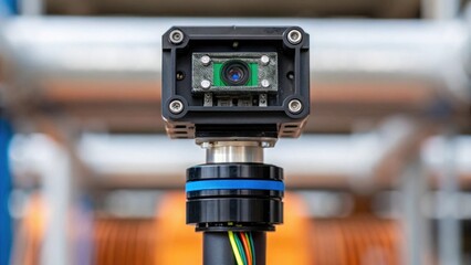 A closeup of a sensor mounted on a riser segment focusing on the technology that monitors structural integrity and environmental conditions in real time..
