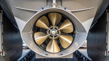 A closeup of the vessels propulsion system illustrating the design of the azimuth thrusters with a focus on the propeller blades and surrounding protective casing..