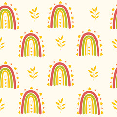 Boho rainbow and leaves seamless pattern. Cute autumn kids background