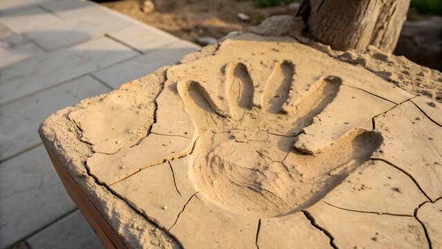 A handprint embedded in cracked clay, showcasing texture and detail. The background features a stone surface, suggesting an outdoor setting.