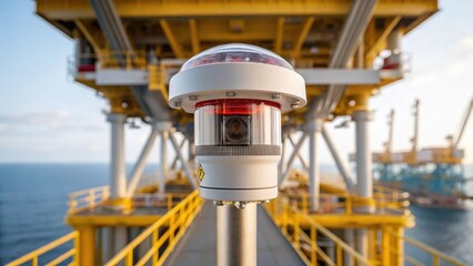 A detailed view of a fire detection system sensor installed high on an offshore rigs structure its lens glinting in the sunlight highlighting the importance of advanced technology.